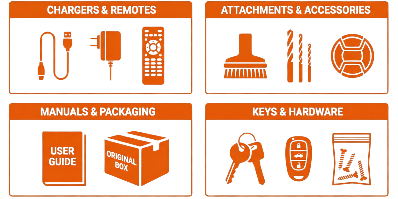 Items to Include: Chargers & Remotes, Attachments & Accessories, Manuals & Packaging, Keys & Hardware